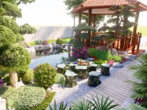 Phối cảnh hồ cá Koi có chồi gỗ nghỉ ngơi thư giãn 3D