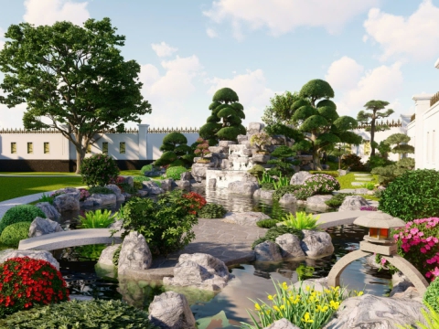 Cảnh quan hồ cá Koi sau vườn, phối cảnh 3D