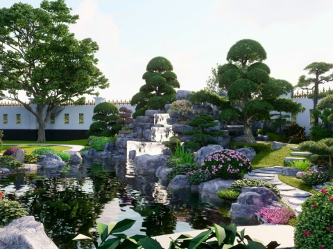 Cảnh quan hồ cá Koi sau vườn, phối cảnh 3D