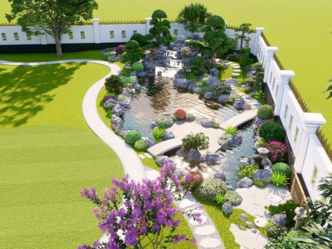 Phối cảnh hồ cá Koi sân vườn 3D đẹp 