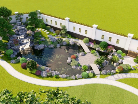 Phối cảnh hồ cá Koi sân vườn 3D đẹp 