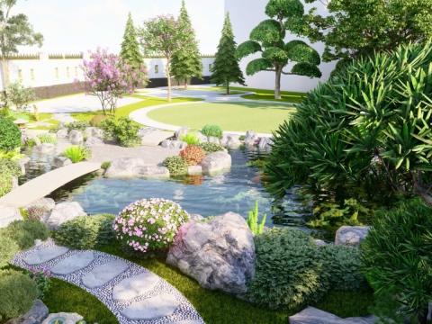 Phối cảnh hồ cá Koi có chồi gỗ nghỉ ngơi thư giãn 3D