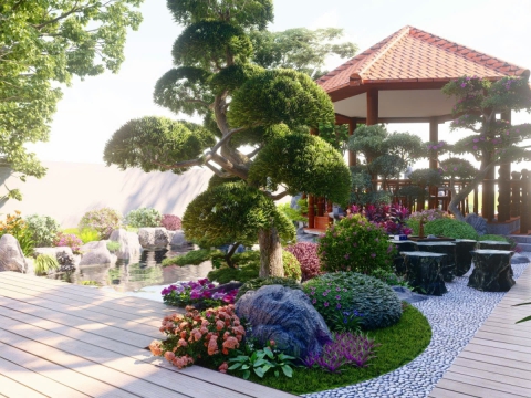 Phối cảnh hồ cá Koi có chồi gỗ nghỉ ngơi thư giãn 3D