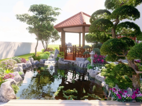 Phối cảnh hồ cá Koi có chồi gỗ nghỉ ngơi thư giãn 3D