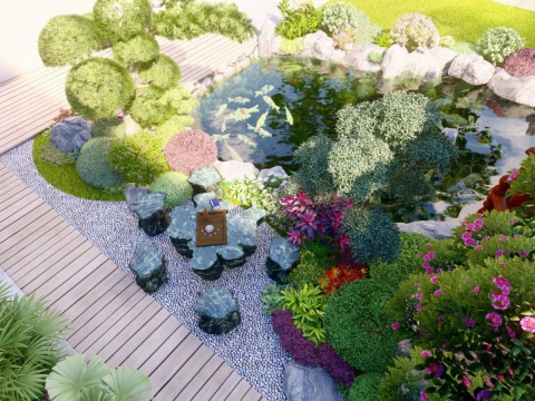 Phối cảnh hồ cá Koi có chồi gỗ nghỉ ngơi thư giãn 3D