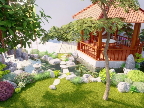 Phối cảnh hồ cá Koi có chồi gỗ nghỉ ngơi thư giãn 3D